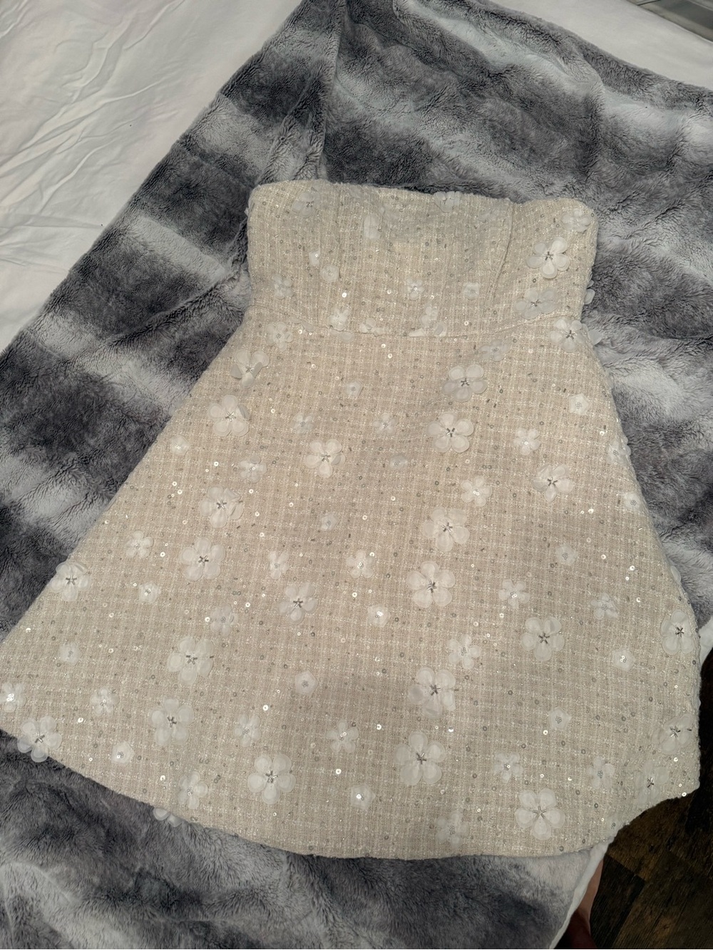 Anthropologie Ivory Floral Sequin Strapless Dress